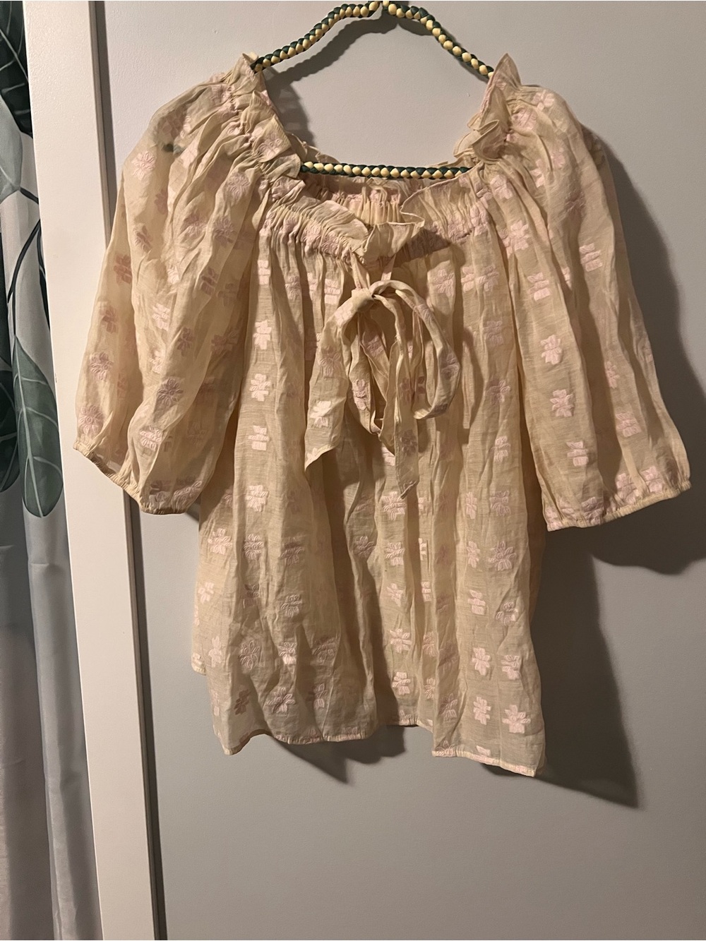 Light Blush Peasant Blouse with Tie Neck